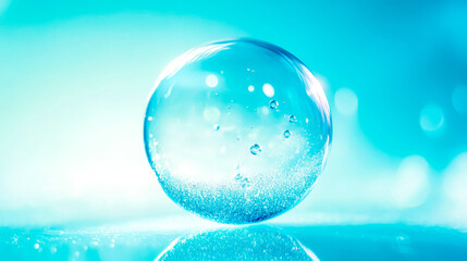 Crystal ball with bubbles floating on turquoise background reflecting light