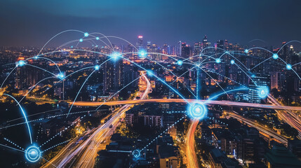 Fototapeta premium Smart digital Innovation city with connection network reciprocity over the cityscape. of future smart wireless digital city and social media networking systems that connects people with in city