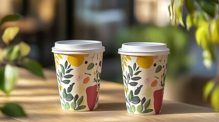 Close-up Photo: Vibrant Floral Coffee Cups Resting Beautifully Outdoors. AI Generated