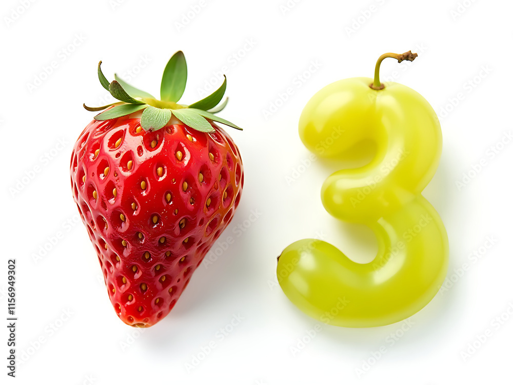 Poster two numbered fruits, strawberry and grapes, are isolated on a white background in a clean compositio