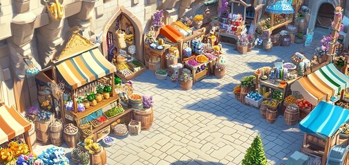High-angle view of a vibrant fantasy market, stalls overflowing with colorful, magical ingredients