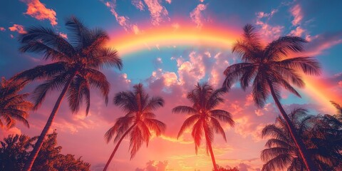 Tall Palm Trees Under a Vibrant Rainbow Sky