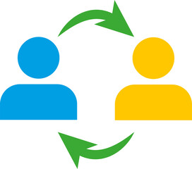 Two human icons, one blue and one yellow, connected by two green arrows forming a circular exchange.