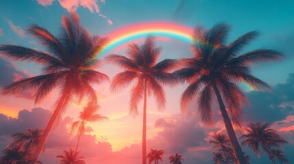 Tall Palm Trees Under a Vibrant Rainbow Sky