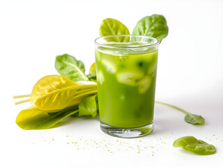A glass of green juice is on a table with a bunch of spinach leaves