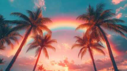 Tall Palm Trees Under a Vibrant Rainbow Sky