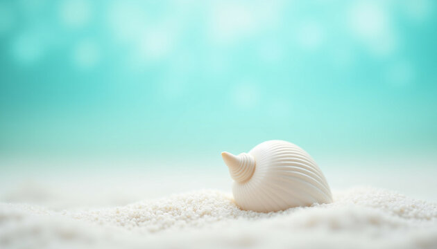 A single white seashell rests on pristine white sand against a blurry turquoise ocean backdrop.