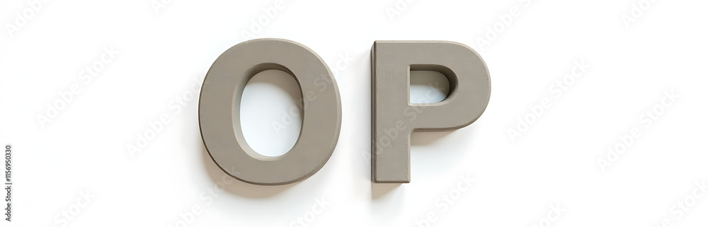 Poster two isolated stone letters o and p on a clean white background sitting together in harmony perfectly