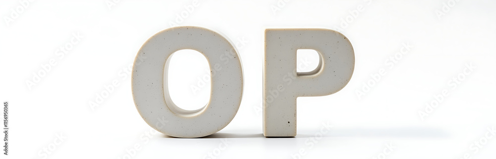 Poster two isolated stone letters o and p on a clean white background sitting together in harmony perfectly
