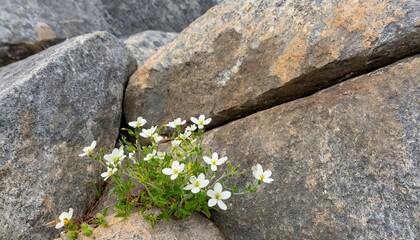 Small white flowers growing between large boulders