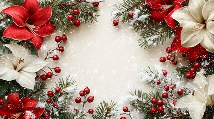 Festive Photorealistic Christmas Frame with Red Flowers, Greenery, and Snowflakes Ideal for Holiday Greetings and Seasonal Decor