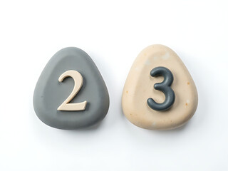 Two Isolated Sea Stones With Pebbles Numbered Two And Three Sit On A White Background In A Calm Environment. 00002