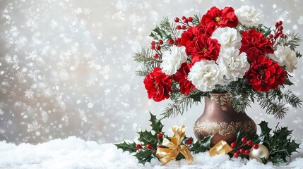 Festive and Vibrant Christmas Floral Arrangement with Colorful Red and White Flowers Surrounded by Winter Decor and Snow, Perfect for Holiday Celebrations and Decorations