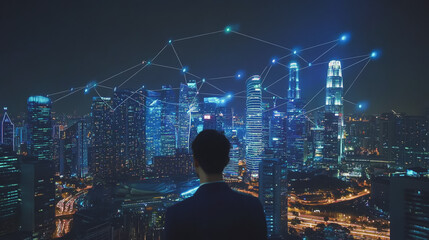 Fototapeta premium Abstract businessman stands on the peak of success amid tall, innovative Smart city and graphs with statistics to analyze business potential and predict future developments in company growth.