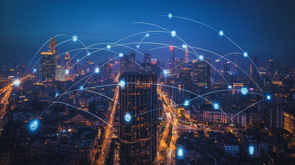 Naklejka premium Smart digital Innovation city with connection network reciprocity over the cityscape. of future smart wireless digital city and social media networking systems that connects people with in city