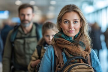 Confident woman traveling with family in an airport terminal