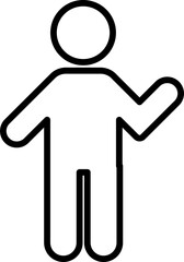 Minimalist black and white line drawing of a human figure with a round head, simple limbs, and one arm raised, commonly used as an icon.