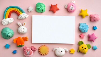 Fototapeta premium Blank white card surrounded by kawaii handmade plasticine animals, stars, and rainbows on a pastel pink background, ideal for scrapbooking or baby photo books