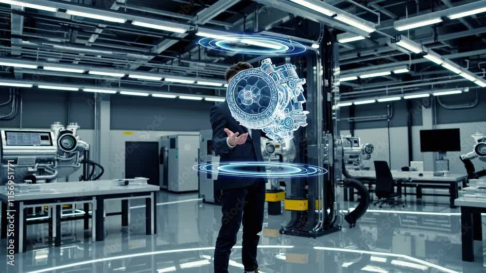 Poster man interacts with holographic engine design in advanced technology lab setting