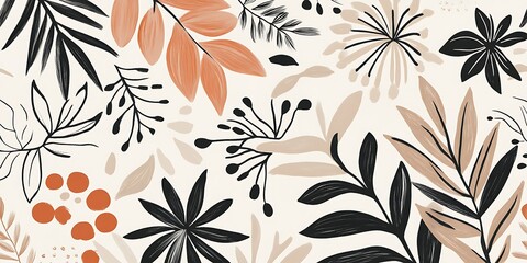 Abstract floral seamless pattern with orange, beige, and black leaves and flowers on a light background.