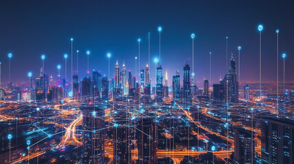 Fototapeta premium Smart digital Innovation city with connection network reciprocity over the cityscape. of future smart wireless digital city and social media networking systems that connects people with in city