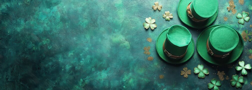 Festive St. Patrick's Day Celebration with Green Leprechaun Hats and Shamrocks Arranged on a Textured Emerald Background for Holiday Decorations