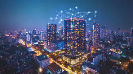 Fototapeta premium Smart digital Innovation city with connection network reciprocity over the cityscape. of future smart wireless digital city and social media networking systems that connects people with in city