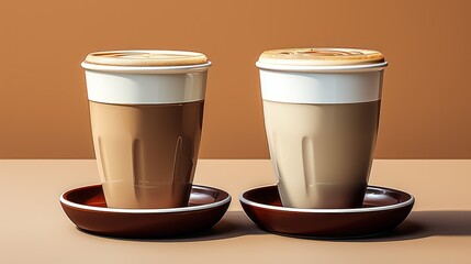 Two lattes, frothy tops, brown cups, saucers.