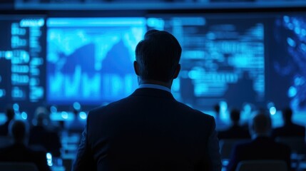 Business professionals analyze financial data in a high-tech conference room during a critical meeting