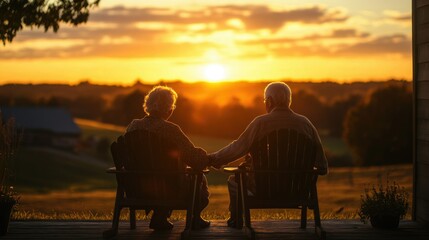 Couple enjoys a peaceful sunset together while sitting on a porch in a serene rural setting