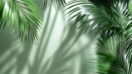 Obraz premium Shadows of palm leaves cast gently on a light green background, offering a clean canvas for elegant text and designs
