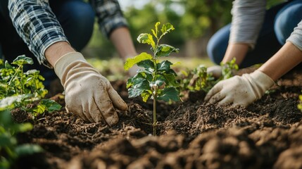 Fototapeta premium Gardening enthusiasts planting young saplings in a community garden during springtime afternoon