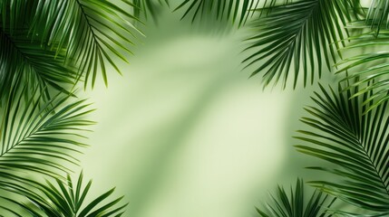 Shadows of palm leaves cast gently on a light green background, offering a clean canvas for elegant text and designs