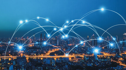 Smart digital Innovation city with connection network reciprocity over the cityscape. of future smart wireless digital city and social media networking systems that connects people with in city