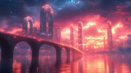 Fototapeta premium Futuristic city, bridge, sunset, water, stars.