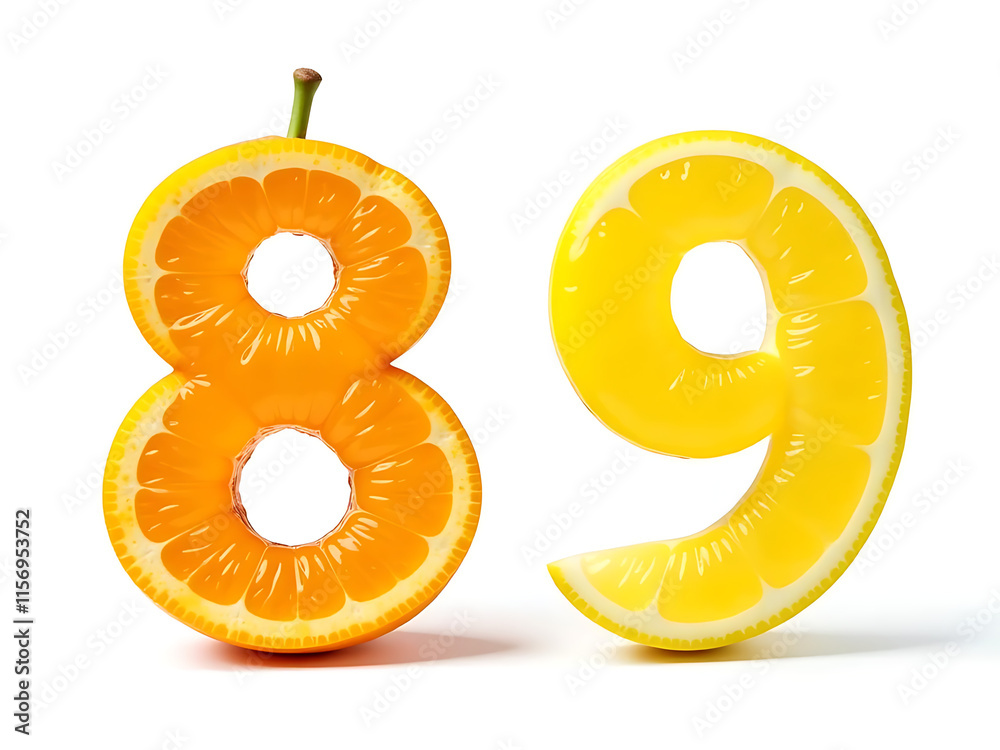 Poster two colorful fruits, orange number 8 and lemon number 9, isolated against a clean white background f