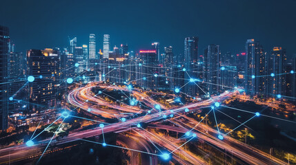Obraz premium Smart digital Innovation city with connection network reciprocity over the cityscape. of future smart wireless digital city and social media networking systems that connects people with in city