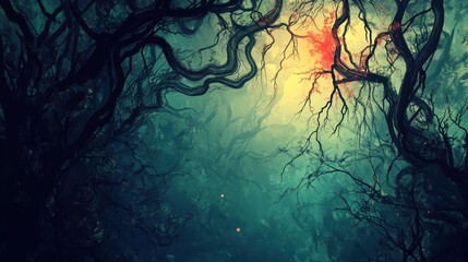 Abstract Watercolor Painting of a Forest Canopy with Sunlight Filtering Through the Branches