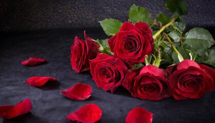 Red roses symbolizing love and passion on a dark velvet background