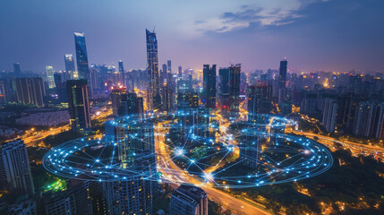 Fototapeta premium Smart digital Innovation city with connection network reciprocity over the cityscape. of future smart wireless digital city and social media networking systems that connects people with in city