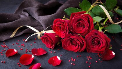 Red roses symbolizing love and passion on a dark velvet background