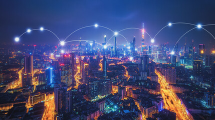 Fototapeta premium Smart digital Innovation city with connection network reciprocity over the cityscape. of future smart wireless digital city and social media networking systems that connects people with in city