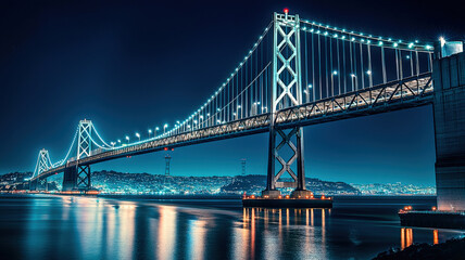 Fototapeta premium Iconic bridge connecting two cities, unique design, bright lights at night, water reflections. Stunning, architectural, urban landscape.