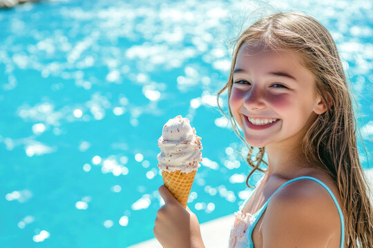 Smiling caucasian young girl enjoying ice cream by the pool