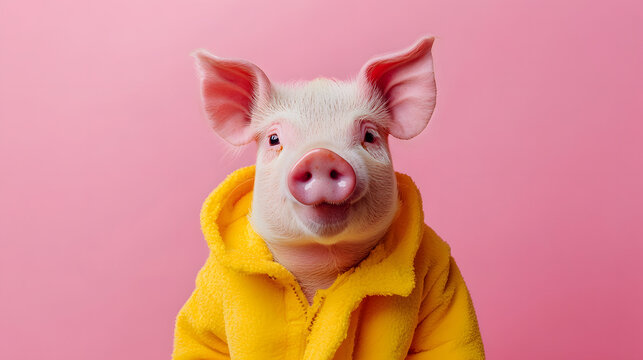 Lustiges anthropomorphes Schwein vor rosa Hintergrund. Konzept von Feiertagen und Spa