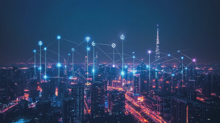 Fototapeta premium Smart digital Innovation city with connection network reciprocity over the cityscape. of future smart wireless digital city and social media networking systems that connects people with in city