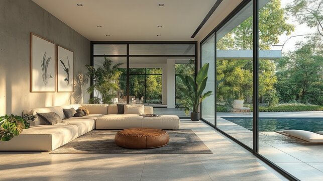 Modern living room, pool view, sunlight.