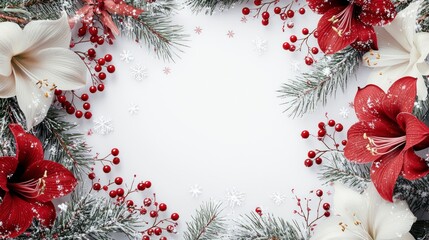 Vibrant Christmas Frame with Festive Flowers and Frosty Pine Branches Creating a Magical Fantasy Border for Holiday Celebrations and Art Projects
