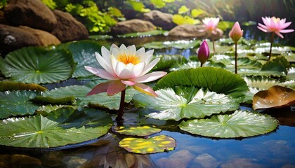 Lotus flowers floating on a tranquil pond with a Zen-like atmosphere