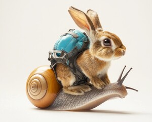 A rabbit rides on a snail's back, side view, against a white background, creating a whimsical and playful scene.